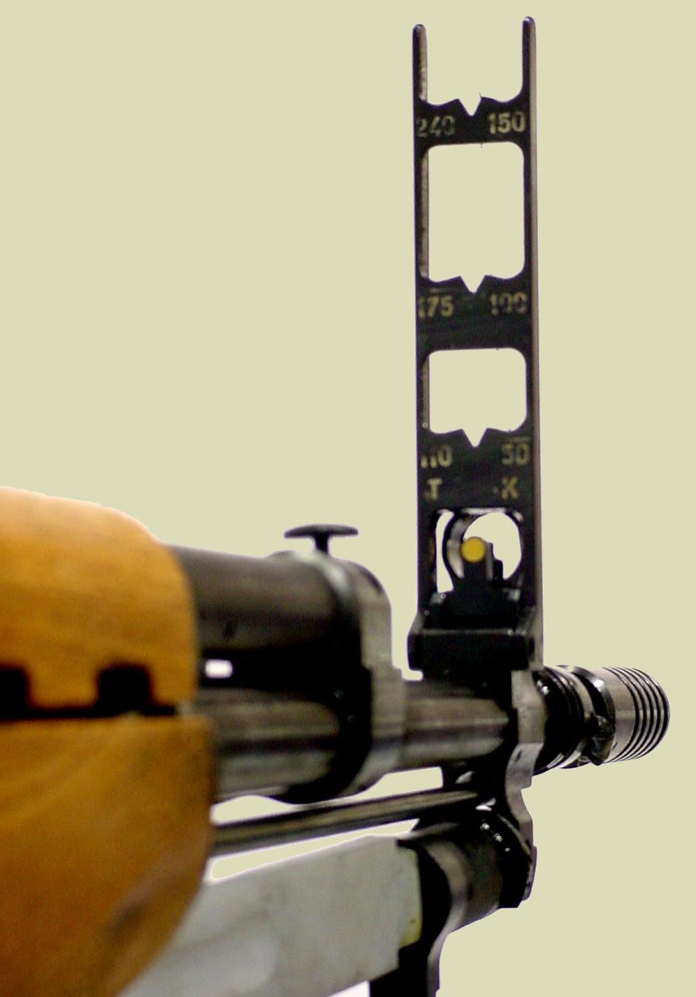 Photo of the SKS M59/66 rifle with its rifle grenade launcher. Looking down the sight.